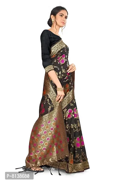 Panchaamrit Women's Kota Chanderi Silk Blend Jacquard Woven Meenakari Saree with Unstitched Blouse Piece | Colorful Floral Pattern | Black Lichi Silk Sari with Soft Zari Work-thumb3