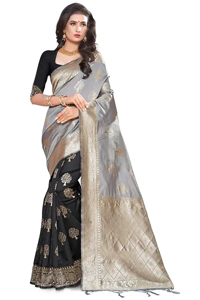 Panchaamrit Women's Soft Kota Silk Blend Jacquard Woven Half and Half Kanjivaram Saree with Unstitched Blouse Piece | Light and | Lichi Silk Saree with Zari Work