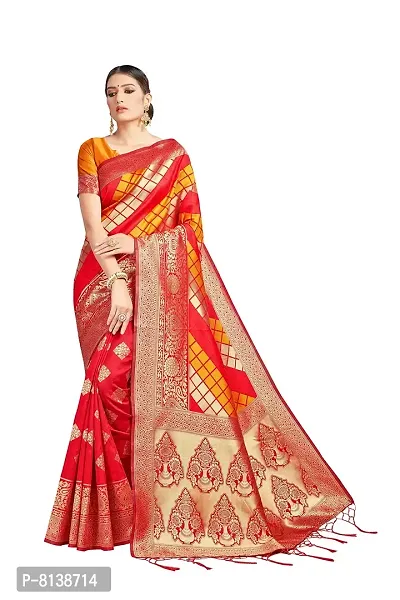 Panchaamrit Women's Soft Kota Chanderi Silk Blend Jacqaurd Woven Saree with Unstitched Contrast Blouse Piece | Red Lichi Silk Saree with Soft Golden Zari Work