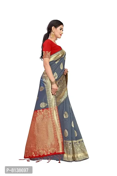 NITYA Women's Banarasi Silk Blend, Jacqaurd Saree With Blouse Piece (NT98_Dark Grey, Red)-thumb3