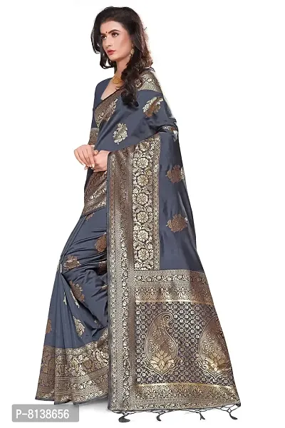 Panchaamrit Women's Soft Kota Chanderi Silk Blend Jacqaurd Woven Saree with Unstitched Blouse Piece| Dark Grey | Lichi Silk Saree with Soft Golden Zari Work-thumb3