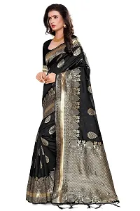 Panchaamrit Women's Soft Kota Kanjivaram Silk Blend Jacqaurd Woven Saree with Unstitched Blouse Piece| Black Lichi Silk Saree with Soft Golden Zari Work-thumb2