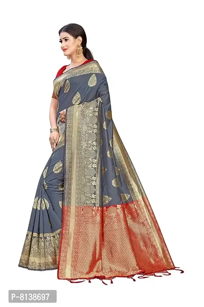 NITYA Women's Banarasi Silk Blend, Jacqaurd Saree With Blouse Piece (NT98_Dark Grey, Red)-thumb2