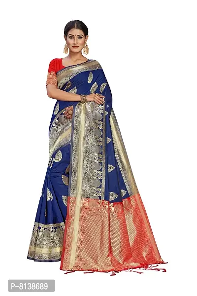 NITYA Women's Banarasi Silk Blend, Jacqaurd Saree With Blouse Piece (NT98_Navy Blue, Red)