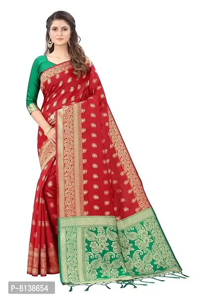 Panchaamrit Women's Soft Kota Chanderi Silk Blend Jacqaurd Woven Saree with Unstitched Contrast Blouse Piece | Red Lichi Silk Saree with Contrast Pallu (Green) and Soft Golden Zari Work-thumb0