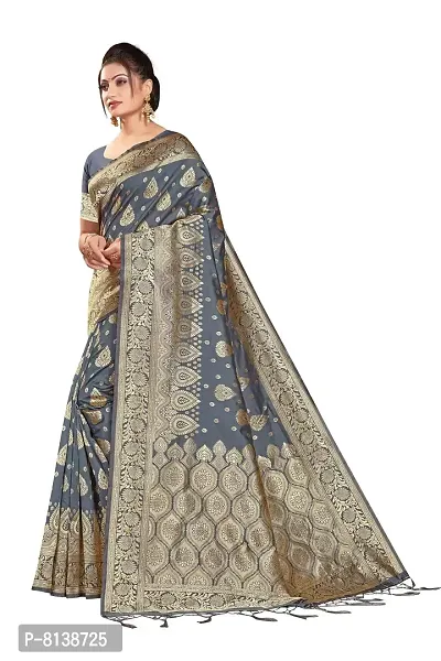 Panchaamrit Women's Soft Kota Chanderi Silk Blend Jacquard Woven Saree with Unstitched Blouse Piece | Lichi Silk Saree with Soft Golden Zari Work (Dark Grey)-thumb3