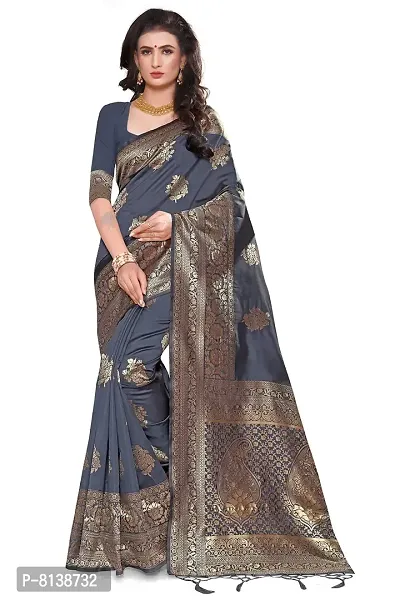 NITYA Women's  Girl's Banarasi Silk Blend Saree With Blouse Piece (NT98_Grey)