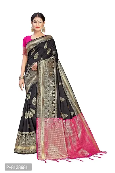 NITYA Women's Banarasi Silk Blend, Jacqaurd Saree With Blouse Piece (NT98_Black, Pink)