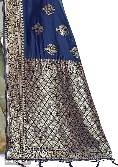 Panchaamrit Women's Soft Kota Silk Blend Jacquard Woven Half and Half Kanjivaram Saree with Unstitched Blouse Piece | Navy Blue and Cream | Lichi Silk Saree with Golden Zari Work-thumb5