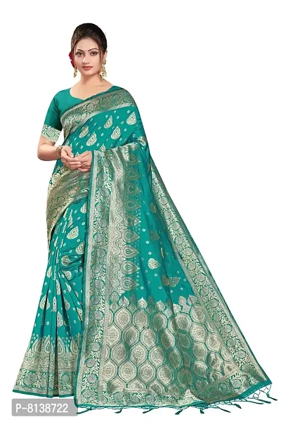 Panchaamrit Women's Soft Kota Chanderi Silk Blend Jacquard Woven Saree with Unstitched Blouse Piece | Lichi Silk Saree with Soft Golden Zari Work (Light Green)-thumb0