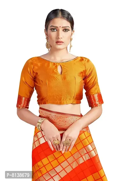 Panchaamrit Women's Soft Kota Chanderi Silk Blend Jacqaurd Woven Saree with Unstitched Contrast Blouse Piece | Orange Lichi Silk Saree with Soft Golden Zari Work-thumb4