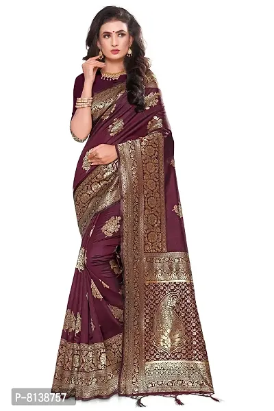 Panchaamrit Women's Soft Kota Chanderi Silk Blend Jacqaurd Woven Saree with Unstitched Blouse Piece| Maroon | Lichi Silk Saree with Soft Golden Zari Work