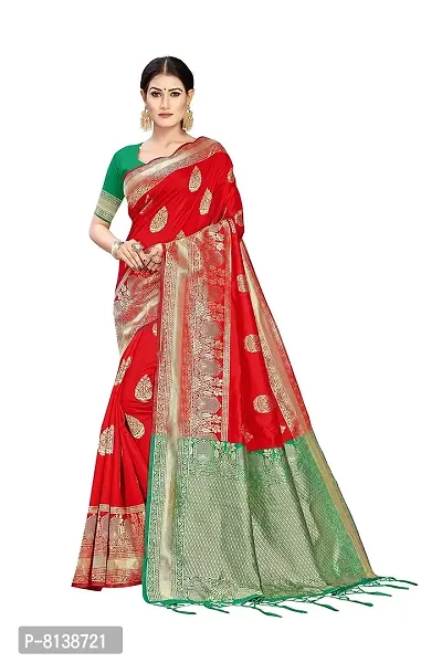 Panchaamrit Women's Soft Kota Kanjivaram Silk Blend Jacqaurd Woven Saree with Contrast Unstitched Blouse Piece | Red Lichi Silk Saree with Contrast Pallu (Green) and Soft Golden Zari Work