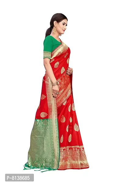 NITYA Women's Banarasi Silk Blend, Jacqaurd Saree With Blouse Piece (NT98_Red, Green)-thumb2