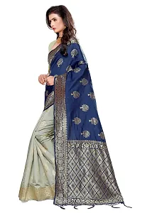 Panchaamrit Women's Soft Kota Silk Blend Jacquard Woven Half and Half Kanjivaram Saree with Unstitched Blouse Piece | Navy Blue and Cream | Lichi Silk Saree with Golden Zari Work-thumb2