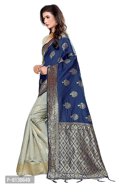 Panchaamrit Women's Soft Kota Silk Blend Jacquard Woven Half and Half Kanjivaram Saree with Unstitched Blouse Piece | Navy Blue and Cream | Lichi Silk Saree with Golden Zari Work-thumb3