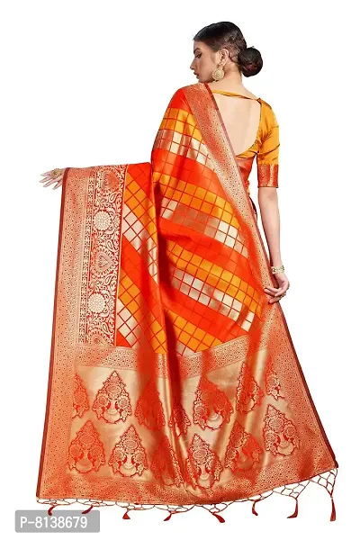 Panchaamrit Women's Soft Kota Chanderi Silk Blend Jacqaurd Woven Saree with Unstitched Contrast Blouse Piece | Orange Lichi Silk Saree with Soft Golden Zari Work-thumb2