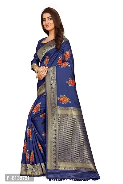 Nitya Soft Banarasi Art Silk Jacquard Woven Meenakari Saree with Unstitched Blouse Piece | Colorful Floral Pattern | Navy Blue Lichi Silk Sari with Soft Copper Zari Work-thumb3