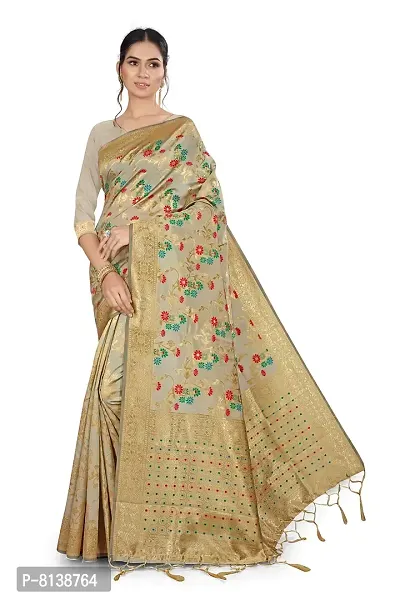 NITYA Women's Banarasi Art Silk Saree With Unstitched Blouse Piece (NT-15.001.05_Cream)