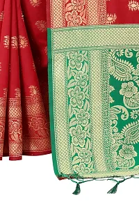 Panchaamrit Women's Soft Kota Chanderi Silk Blend Jacqaurd Woven Saree with Unstitched Contrast Blouse Piece | Red Lichi Silk Saree with Contrast Pallu (Green) and Soft Golden Zari Work-thumb4