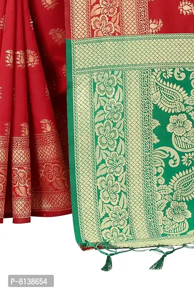 Panchaamrit Women's Soft Kota Chanderi Silk Blend Jacqaurd Woven Saree with Unstitched Contrast Blouse Piece | Red Lichi Silk Saree with Contrast Pallu (Green) and Soft Golden Zari Work-thumb5