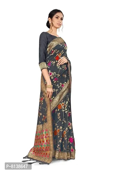 Panchaamrit Women's Kota Chanderi Silk Blend Jacquard Woven Meenakari Saree with Unstitched Blouse Piece | Colorful Floral Pattern | Dark Grey Lichi Silk Sari with Soft Zari Work-thumb3