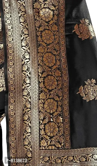 Panchaamrit Women's Soft Kota Chanderi Silk Blend Jacqaurd Woven Saree with Unstitched Blouse Piece| Black | Lichi Silk Saree with Soft Golden Zari Work-thumb5