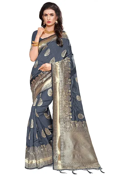 Panchaamrit Soft Banarasi Silk Blend Jacqaurd Woven Saree with Unstitched Blouse Piece| Lichi Silk Saree with Soft Golden Zari Work