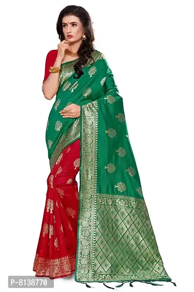 NITYA Women's Banarasi Silk Half and Half Pattern Saree with Blouse Piece (Parrot Green)-thumb0