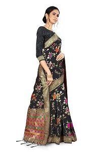 Panchaamrit Women's Kota Chanderi Silk Blend Jacquard Woven Meenakari Saree with Unstitched Blouse Piece | Colorful Floral Pattern | Black Lichi Silk Sari with Soft Zari Work-thumb4