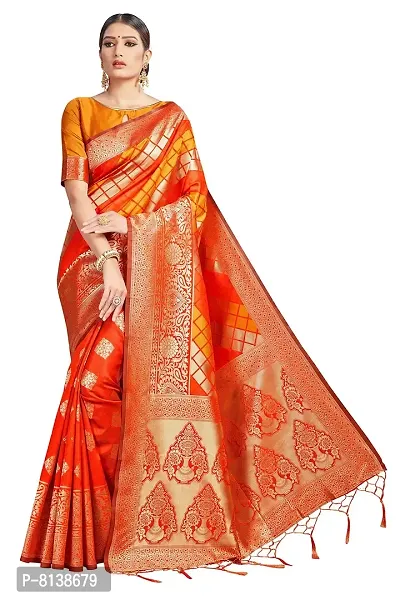 Panchaamrit Women's Soft Kota Chanderi Silk Blend Jacqaurd Woven Saree with Unstitched Contrast Blouse Piece | Orange Lichi Silk Saree with Soft Golden Zari Work-thumb0