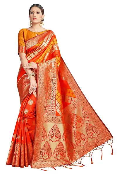Panchaamrit Soft Kota Chanderi Silk Blend Jacqaurd Woven Saree with Unstitched Contrast Blouse Piece | Lichi Silk Saree with Soft Golden Zari Work