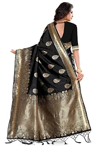 Panchaamrit Women's Soft Kota Kanjivaram Silk Blend Jacqaurd Woven Saree with Unstitched Blouse Piece| Black Lichi Silk Saree with Soft Golden Zari Work-thumb1