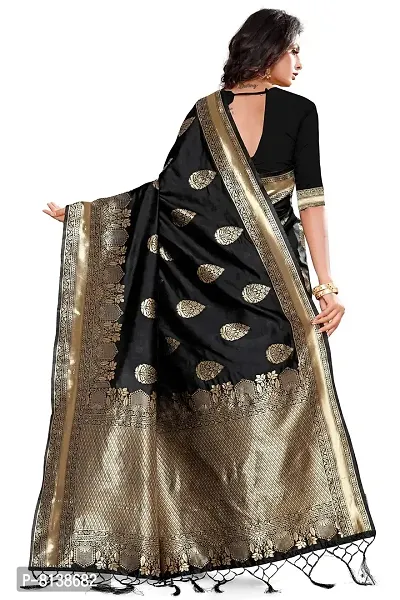 Panchaamrit Women's Soft Kota Kanjivaram Silk Blend Jacqaurd Woven Saree with Unstitched Blouse Piece| Black Lichi Silk Saree with Soft Golden Zari Work-thumb2