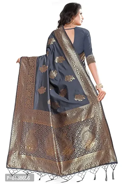 Panchaamrit Women's Soft Kota Chanderi Silk Blend Jacqaurd Woven Saree with Unstitched Blouse Piece| Dark Grey | Lichi Silk Saree with Soft Golden Zari Work-thumb2