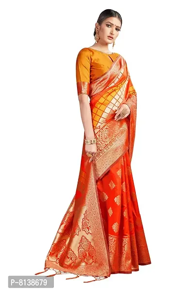 Panchaamrit Women's Soft Kota Chanderi Silk Blend Jacqaurd Woven Saree with Unstitched Contrast Blouse Piece | Orange Lichi Silk Saree with Soft Golden Zari Work-thumb3