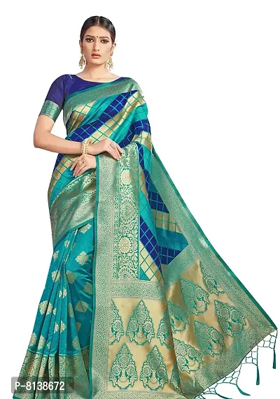 Panchaamrit Women's Soft Kota Chanderi Silk Blend Jacqaurd Woven Saree with Unstitched Contrast Blouse Piece | Rama Green Lichi Silk Saree with Soft Golden Zari Work