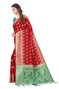 Panchaamrit Women's Soft Kota Chanderi Silk Blend Jacqaurd Woven Saree with Unstitched Contrast Blouse Piece | Red Lichi Silk Saree with Contrast Pallu (Green) and Soft Golden Zari Work-thumb3