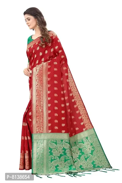 Panchaamrit Women's Soft Kota Chanderi Silk Blend Jacqaurd Woven Saree with Unstitched Contrast Blouse Piece | Red Lichi Silk Saree with Contrast Pallu (Green) and Soft Golden Zari Work-thumb4