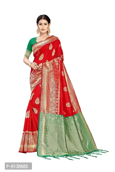 NITYA Women's Banarasi Silk Blend, Jacqaurd Saree With Blouse Piece (NT98_Red, Green)-thumb0