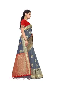 Panchaamrit Women's Soft Kota Kanjivaram Silk Blend Jacqaurd Woven Saree with Contrast Unstitched Blouse Piece | Dark Grey Lichi Silk Saree with Contrast Pallu (Red) and Soft Golden Zari Work-thumb3