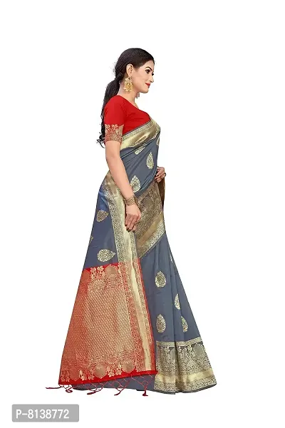 Panchaamrit Women's Soft Kota Kanjivaram Silk Blend Jacqaurd Woven Saree with Contrast Unstitched Blouse Piece | Dark Grey Lichi Silk Saree with Contrast Pallu (Red) and Soft Golden Zari Work-thumb4