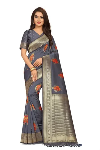 Panchaamrit Women's Soft Banarasi Art Silk Jacquard Woven Meenakari Saree with Unstitched Blouse Piece | Colorful Floral Pattern | Dark Lichi Silk Sari with Soft Zari Work