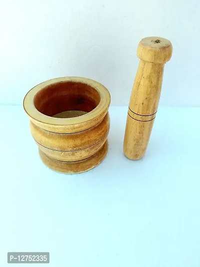 Raj Furniture Wooden Khal Batta/Okhali Musal/Khal Musal/Mortar  Pestle/Imam Dasta (Length- 10 cm, Width- 10 cm, Height- 9 cm)-thumb3