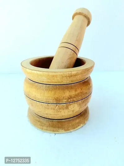 Raj Furniture Wooden Khal Batta/Okhali Musal/Khal Musal/Mortar  Pestle/Imam Dasta (Length- 10 cm, Width- 10 cm, Height- 9 cm)-thumb2