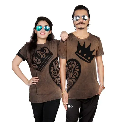 pariferry Regular Fit, Round Neck, Half Sleeve Black & Brown Color Printed Couple's T-Shirts/T-Shirts for Men & Women/Printed Tshirt for Couple (Design-A-S)