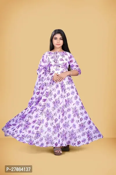 Beautiful White Georgette Printed Fit And Flare Dress For Girls