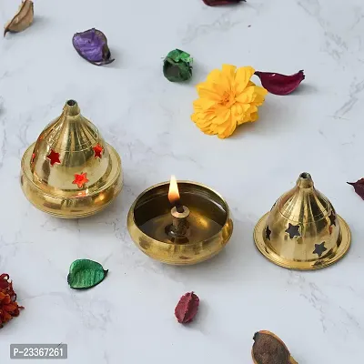 Brass Akhand Diya Magical Lantern Brass Diya Decorative Brass Crystal Oil Lamp Lantern Puja Lamp Brass Table Diya Set of 2 Pcs Table Diya Set Ht : 3 Inch