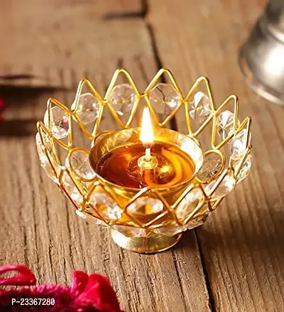 Lotus Shape Crystal Akhand Diya Jyothi Oil Deepam Brass for Puja Home Decor (Medium)-thumb0