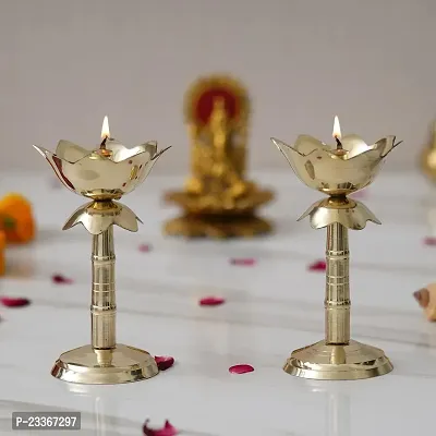 2 Pcs Brass Diwali Deepak On Stand Diya , Crystal Diya Table Diya Decorative Showpiece - 5 Inch (Brass, Crystal, Gold)